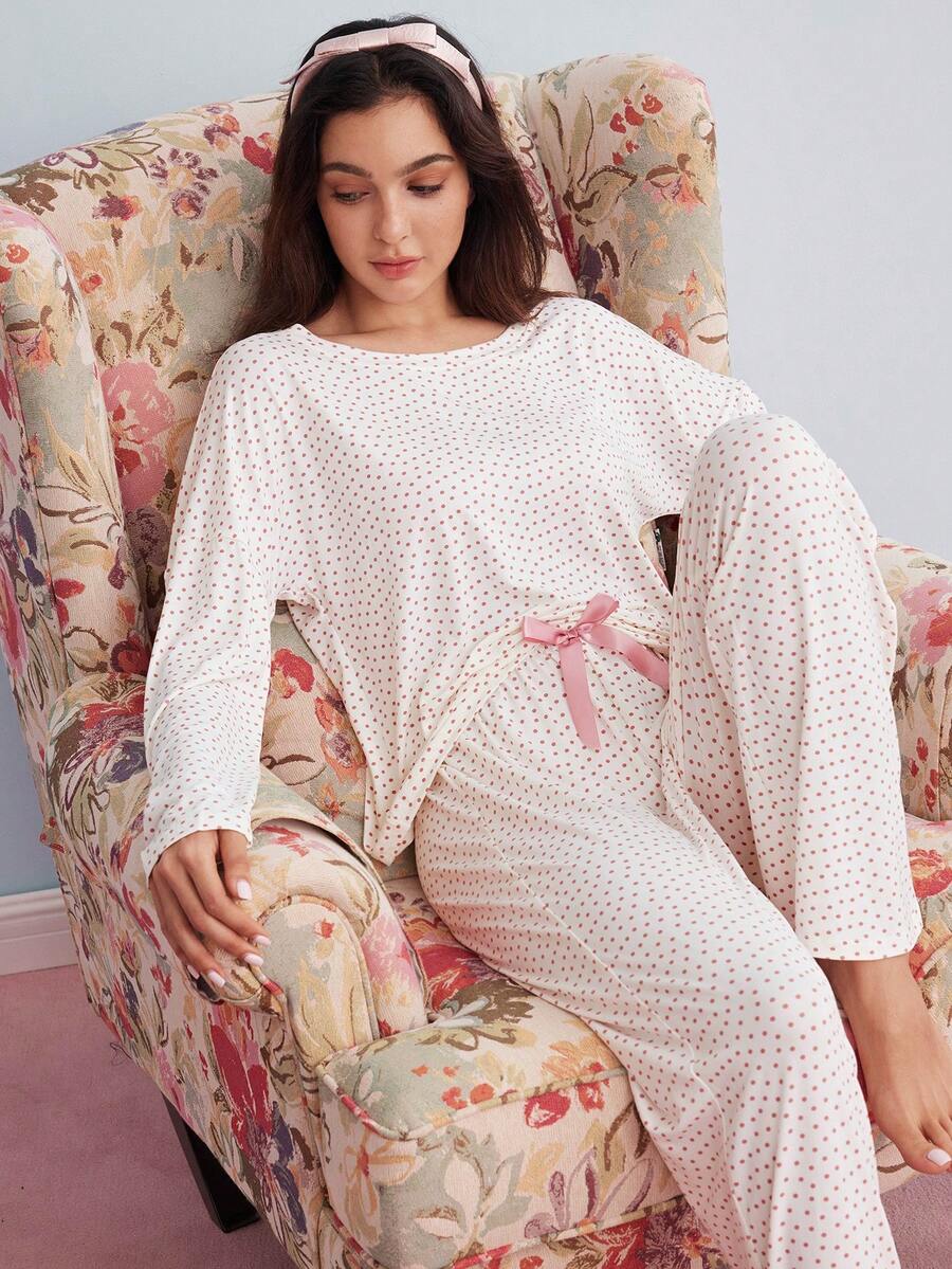Elorette Polka Dot Drop Shoulder Bow Front PJ Set / Pajama Set White Set, Fall Winter Clothes Cozy And Elegant Details - White - View 1