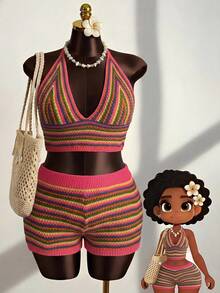 Slaydiva Plus Size Women's Vacation Striped Cropped Halter Neck Cover Up Top And Cover Up Shorts Set - Multicolor - View 5
