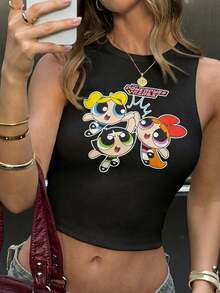 THE POWERPUFF GIRLS X SHEIN 女士休闲日常通勤可爱卡通字母印花修身短款背心，夏季 - 黑色 - 查看 6
