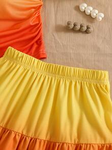 Tween Girl Gradient 2 Pieces Set. Vibrant Yellow-Orange Gradient Design, Beach, Outfits, Concert, Fitted, Chic, Leggings, Gym, Yoga, Casual, Y2K - Burnt Orange - View 4