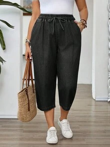 SHEIN EMERY ROSE CURVE Celana Capri Denim Kasual Wanita Ukuran Besar dengan Tali Serut di Pinggang dan Kantong - Light Wash - View 4