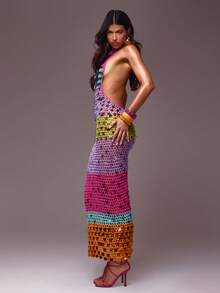 MUSERA Gaun Maxi Tanpa Lengan Model Halterneck Racerback Rajutan Terbuka dengan Payet dan Punggung Terbuka, Cocok untuk Liburan Musim Semi dan Musim Panas di Pantai, Ibiza, dan Festival, Warna Cerah - MultiWarna - View 3