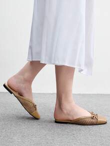 CUCCOO BIZCHIC 女款法式平底拖鞋，夏季百搭新款蝴蝶結編織包頭穆勒鞋，春季鞋款 - 杏色 - 查看 5