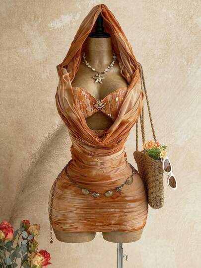 Soleia Women's Vacation Dress, Spring/Summer Romantic Tropical Sexy Vintage Music Festival Party Holiday Sequin Cowl Neck Hooded Bustier Mini Dress, Beach