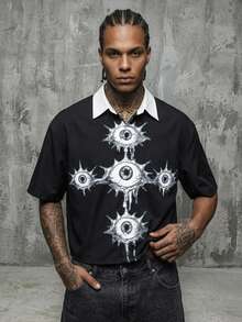Manfinity ZONE917 Kemeja Lengan Pendek Longgar Bermotif Mata Gelap Gaya Boxy Street, Cocok untuk Musim Semi dan Musim Panas - Hitam - View 7