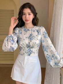 DAZY 女款雪紡印花長袖V領上衣圖案T恤秋季 - 藍色 - 查看 1