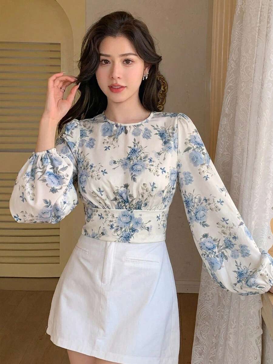 DAZY 女款雪紡印花長袖V領上衣圖案T恤秋季 - 藍色 - 查看 1