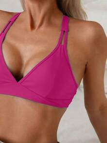 SHEIN Swim 女款素色交叉後綁帶極簡休閒比基尼上衣 - 中紫紅色 - 查看 4