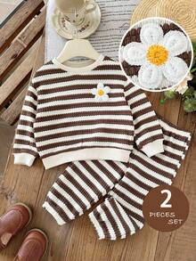 SHEIN 2件套女婴针织条纹圆领宽松卫衣和打底裤套装 - 彩色 - 查看 1