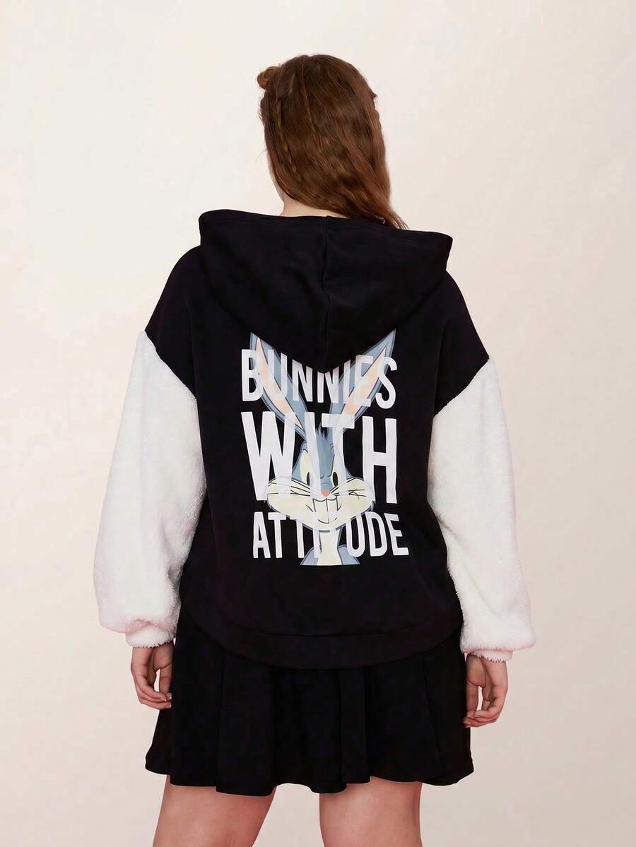 LOONEY TUNES X SHEIN Hơn Chữ cái & Đồ họa hoạt hình Thả vai áo có mũ Áo khoác - Đen và trắng - Xem 1
