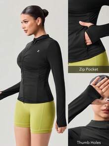 OutZeal Chaqueta protectora solar para mujer, ropa de gimnasio y entrenamiento, refrescante, suave, ajuste ceñido, con cremallera, tops para exteriores - Negro - Ver 3