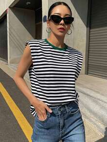 DAZY Women's Summer Casual Round Neck Contrast Color Striped Cap Sleeve T-Shirt - Black - View 5