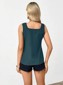 SHEIN LUNE Blusa informal sin mangas de cuello cuadrado en verde grisáceo para mujer - Verde Oscuro - Ver 2