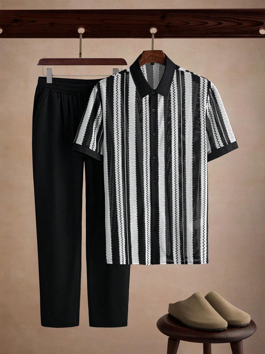 Core Aspect 男士 2 件組襯衫與長褲套裝,紋理短袖襯衫 + 鬆緊腰長褲,休閒日常通勤穿搭 - 黑與白 - 查看 1