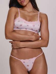 MUSERA Strappy Lace Trim Scoop Neck Floral Polka Dot Print Bralette With Strappy Lace Trim High Leg Thong Sold As Set Lingerie Nightwear Pajamas - Pink - View 2