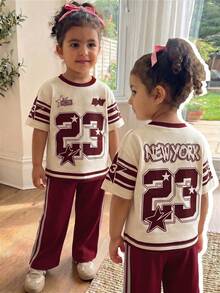 SHEIN Baby Girl Knit Letter & Number Pattern Casual T-Shirt And Long Pants 2 Pieces Set - Multicolor - View 7