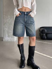 DAZY 女款字母水鑽裝飾牛仔短褲 Y2K 休閒街頭風 度假深藍色夏季日間外出穿搭 - 深色水洗藍 - 查看 4