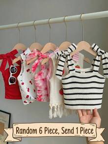 SHEIN [Random 6 Piece, Send 1 Piece]!Surprise Box !!!!Young Girl Solid Color Striped Floral Ruched Casual Tank Top - Black and White - View 1