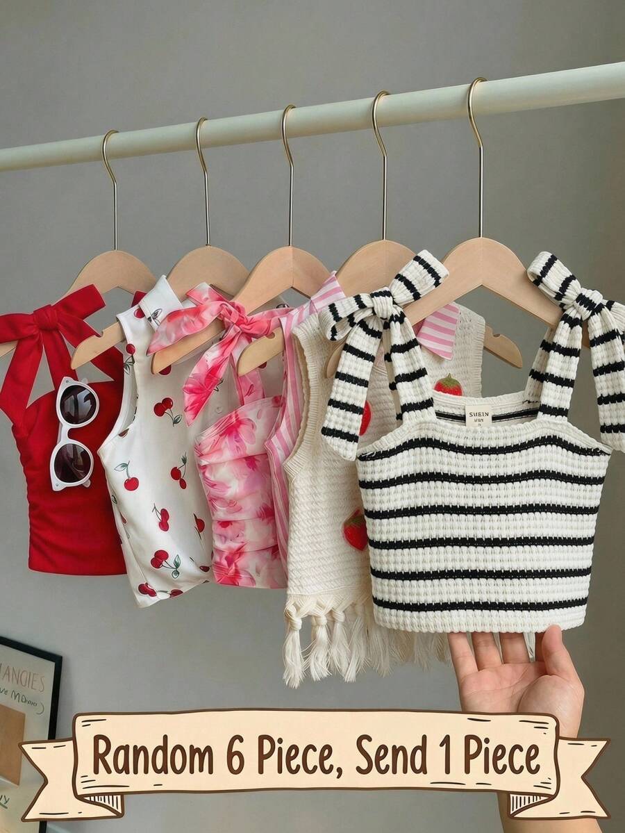 SHEIN [Random 6 Piece, Send 1 Piece]!Surprise Box !!!!Young Girl Solid Color Striped Floral Ruched Casual Tank Top - Black and White - View 1