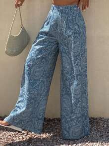 Livesso Summer Floral Print All-Over Print Casual Sexy Boho Loose Straight Leg Long Pants Women's Jeans Vacation White Swimming - Blue - View 4