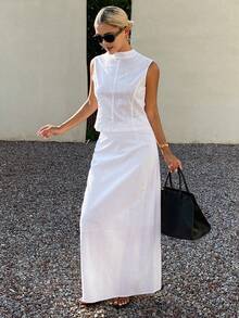 Livesso Spring Summer White Short Top Pullover Shirt Vest Wedding Casual Vacation Skirt Set Elegant Commute Women 2pcs Set - White - View 2