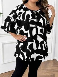 SHEIN CURVE+ CURVE PLUS /情人節/大尺碼女款領結領休閒百搭日常通勤中袖襯衫 - 黑與白 - 查看 4