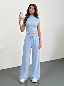 SHEIN Tall 2件組女款夏季純色立領百褶上衣與長褲套裝，休閒運動居家服，嬰兒藍，適合高個女性 - 淺藍色 - 查看 6