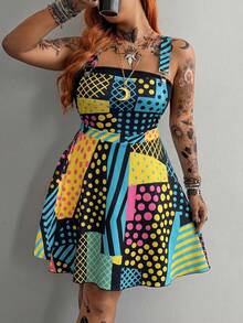 Whyspr Plus Size Women's Multi-Color Patterned Strappy Backless Fashion Dress - Multicolor - View 5