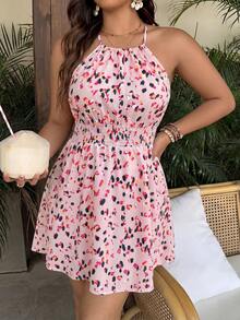 SHEIN Clasi 大尺碼女款夏季優雅全身印花收腰掛脖洋裝 - 粉色 - 查看 6
