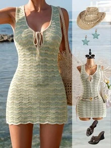 Swim Vcay Women's Fashion Versatile Vacation Tie-Up Sheer Sleeveless Cover-Up Dress Beach Vacation Green Striped Summer Tropical - Multicolor - View 6