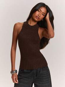 SHEIN BAE Women's Solid Color Sleeveless Round Neck Fitted Minimalist Vintage Sweater - Chocolate Brown - View 5