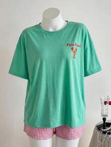 Comfortcana Oversize T-Shirts Casual Minimalist Shrimp Pattern Crew Neck Short Sleeve Ultra Loose Plus Size T-Shirt, Beach Holiday Vacation Mint Green Summer - Green - View 7