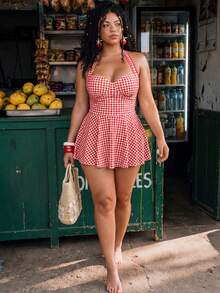 Swim Mod Setelan Baju Renang Wanita Ukuran Besar Motif Kotak-kotak Leher Halter dengan Celana Pendek Renang, Set Baju Renang 2 Potong untuk Liburan Pantai Musim Panas 1920-an - Merah - View 5