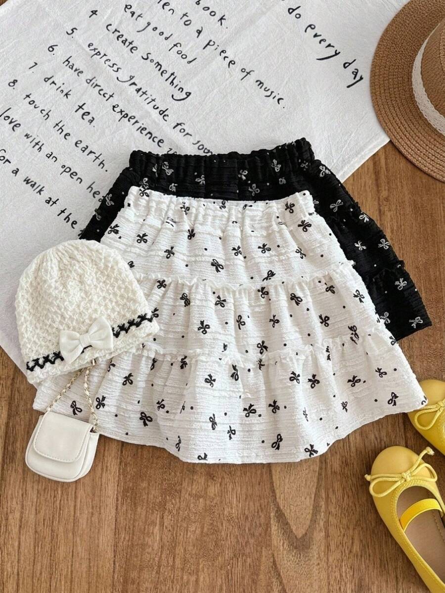 Genkimix Kids Rok Kasual Musim Panas untuk Anak Perempuan Muda dengan Motif Pita - Hitam dan Putih - View 1