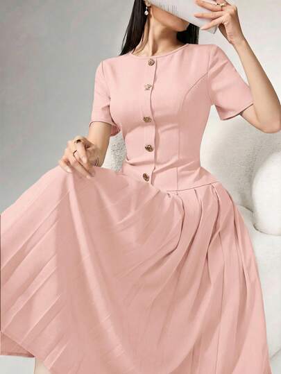 Heiryn Elegant Commuter Office Asymmetric Buckle Pleated Women's Dress Teachers' Day Blush Pink Summer