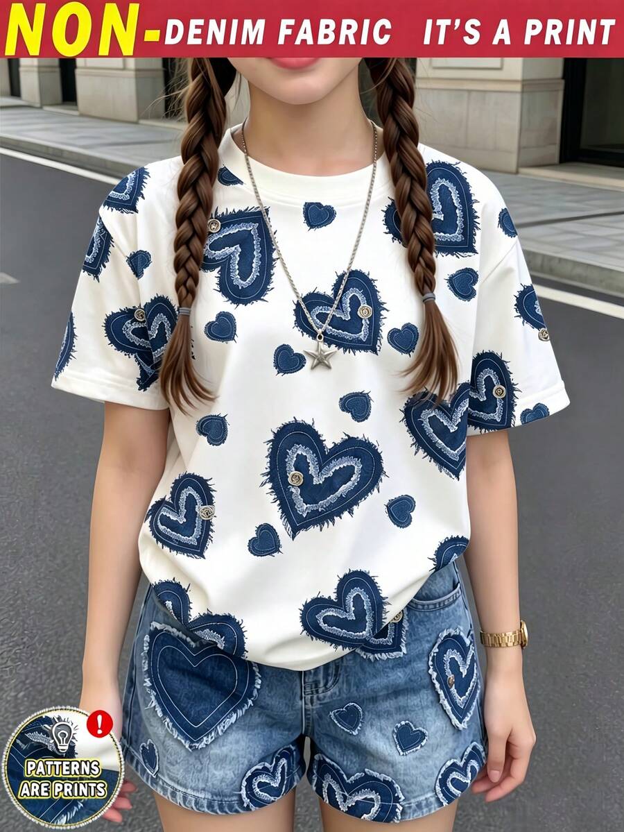 SHEIN 夏季甜美可愛青少年女孩圓領短袖愛心圖案T恤藍色短褲2件套 - 彩色 - 查看 1