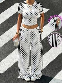 SHEIN EZwear 大尺碼女款波點拼接上衣與長褲套裝，休閒牛仔寬鬆日常度假正式風，適合夜店夏季白色 - 黑與白 - 查看 1
