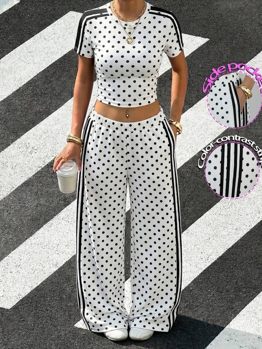SHEIN EZwear 大尺碼女款波點拼接上衣與長褲套裝,休閒牛仔寬鬆日常度假正式風,適合夜店夏季白色 - 黑與白 - 查看 1