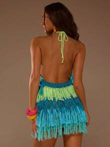 MUSERA Multi Tassel Detail Knit Halterneck Mini Dress Summer Beach Vacation Sexy Cute Boho Travel Festival Pocha - Blue - View 2
