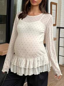 DAZY Small Round Neck Fashion Polka Dot Patchwork Frill Trim Long Sleeve Base Layer Maternity T-Shirt For Spring And Summer - White - View 7