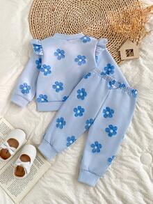 SHEIN Playful Pals 女嬰長袖圓領荷葉邊飾簡約休閒印花外套與長褲套裝 - 藍色 - 查看 2