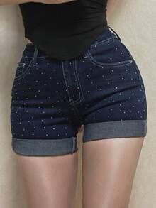 DAZY 女款中腰水鑽裝飾性感休閒牛仔短褲 Y2K - 深色水洗藍 - 查看 8
