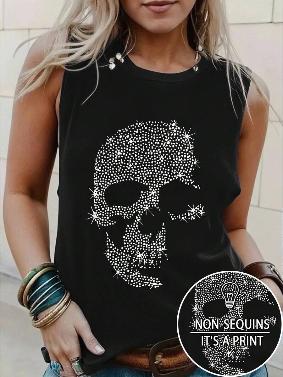 INAWLY Women's Casual Grunge Punk Rhinestone Skull Print Round Neck ...