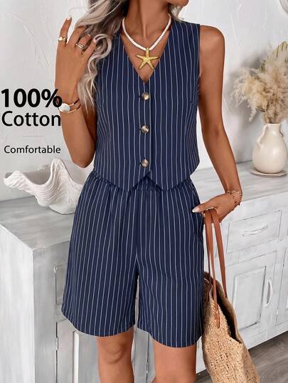 SHEIN LUNE Plus Size Women's Striped Single-Breasted Vest And Shorts Casual Set Vacation Navy Blue Summer