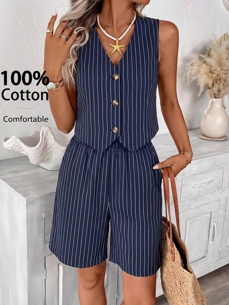 SHEIN LUNE Conjunto casual de chaleco de un solo pecho a rayas y pantalones cortos para mujer de talla grande - Azul Marino - Añade 7