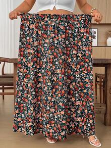 SHEIN CURVE+ Summer Pink Dense Print Full Skirt Cool Comfortable Plus Size Skirt - Multicolor - View 3