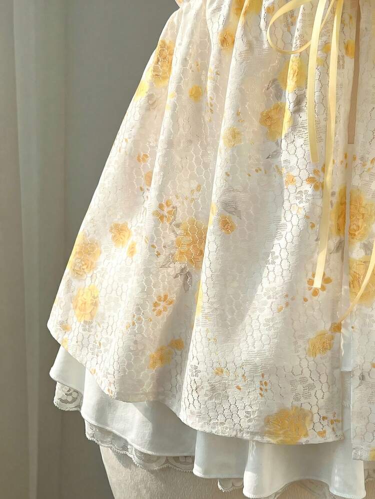 Elamini 女款粉色花卉蕾絲V領開襟衫 蝴蝶結蕾絲飾邊設計下擺不對稱收腰 夏季歐美性感甜美可愛浪漫海灘度假風背心上衣 - 鵝黃色 - 查看 5