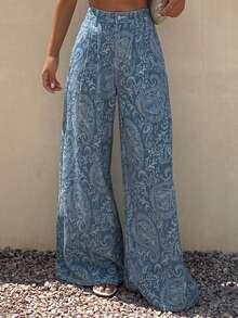 Livesso Summer Floral Print All-Over Print Casual Sexy Boho Loose Straight Leg Long Pants Women's Jeans Vacation White Swimming - Blue - View 3