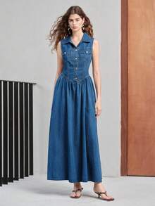 MOTF PREMIUM WOMEN'S DENIM DRESS WITH COLLAR, SLEEVELESS, WAIST-CINCHING, FLARE HEM - Blue - View 3