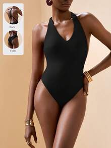 Zivah Women's Solid Color Ruched One-Piece Swimsuit, Suitable For Beach Vacation Vacation, Pool Party, Beach Party Black Summer Tropical - Black - View 6